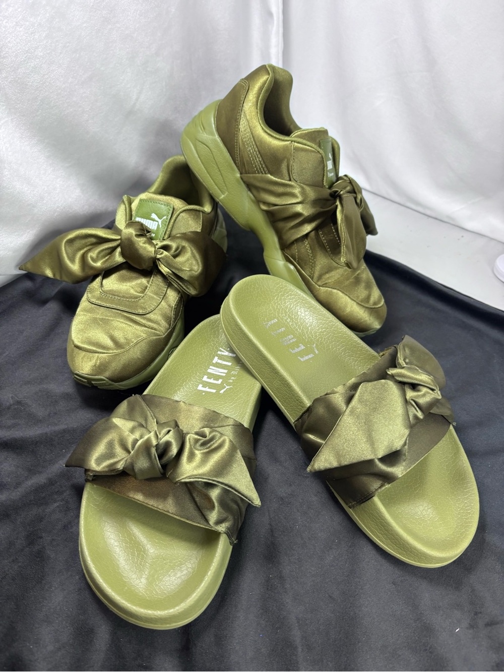 PUMA x FENTY by Rihanna Olive Green Satin Bow Slide Sandals | Women’s US 6 - Picture 10 of 10